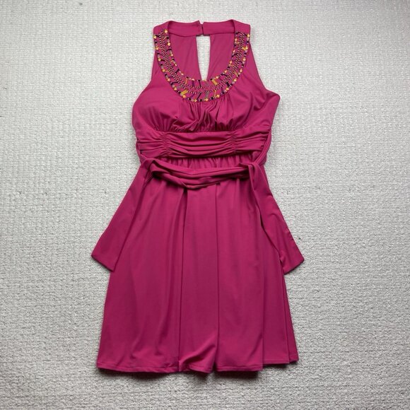 Pink Sleeveless Fit & Flare Cocktail Dress Embellished Scoop Neck Ruched Read - Picture 1 of 10